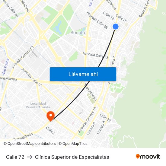 Calle 72 to Clínica Superior de Especialistas map