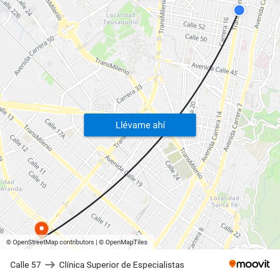Calle 57 to Clínica Superior de Especialistas map