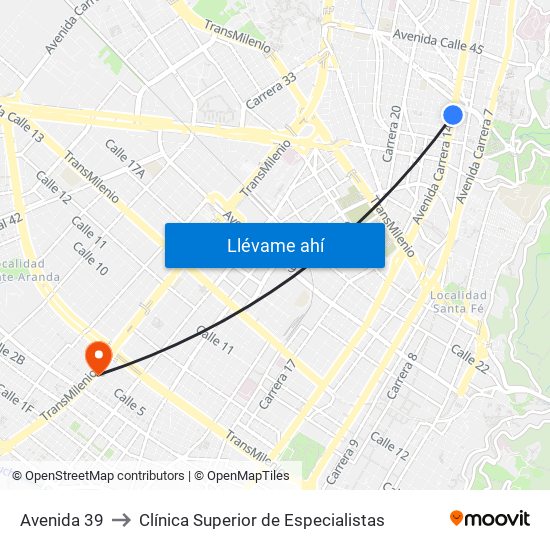 Avenida 39 to Clínica Superior de Especialistas map