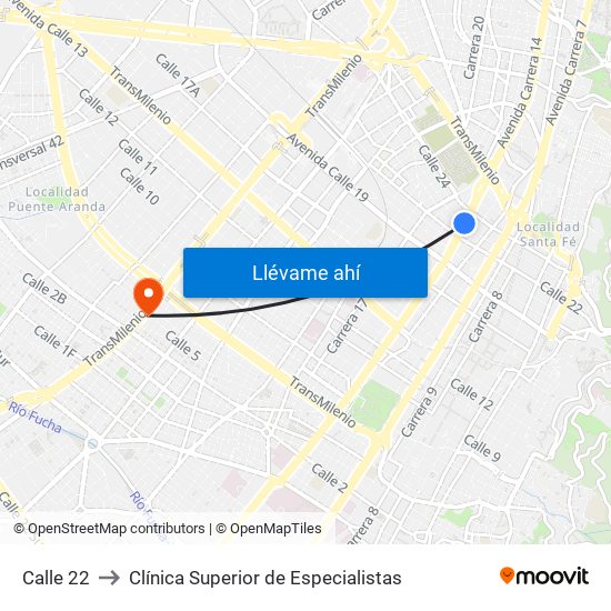 Calle 22 to Clínica Superior de Especialistas map