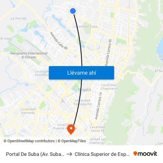 Portal De Suba (Av. Suba - Kr 106) to Clínica Superior de Especialistas map