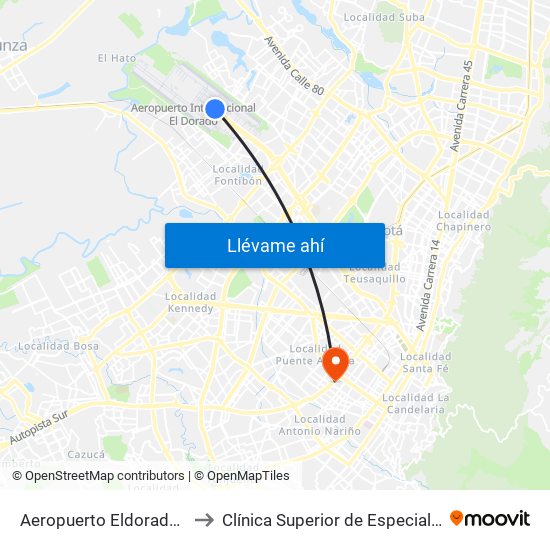 Aeropuerto Eldorado (B) to Clínica Superior de Especialistas map