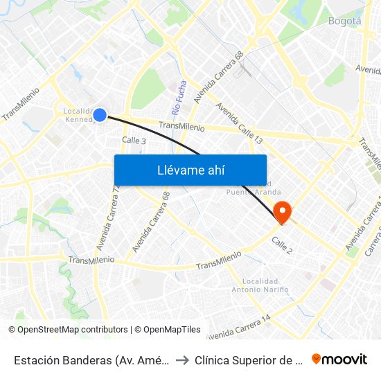 Estación Banderas (Av. Américas - Kr 78a) (A) to Clínica Superior de Especialistas map