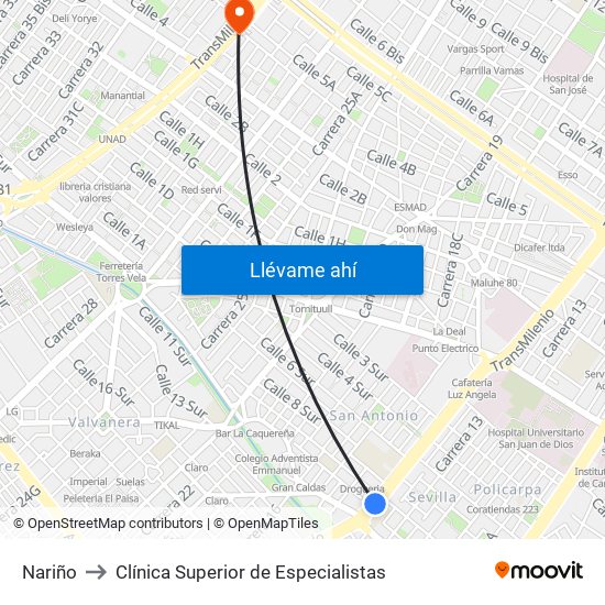 Nariño to Clínica Superior de Especialistas map