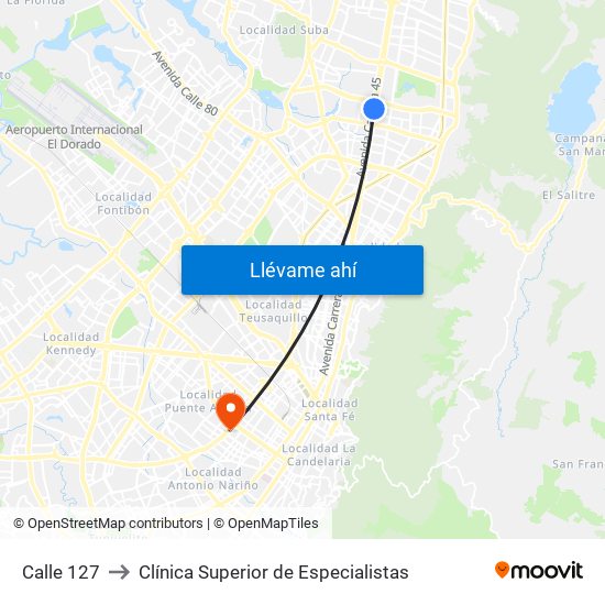 Calle 127 to Clínica Superior de Especialistas map