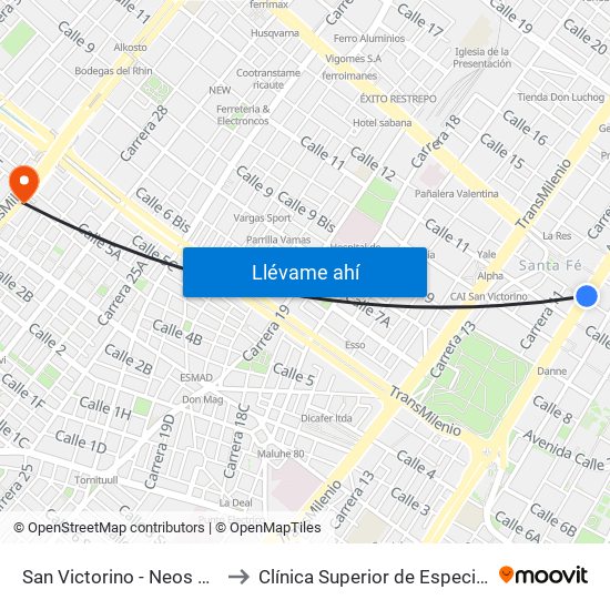 San Victorino - Neos Centro to Clínica Superior de Especialistas map