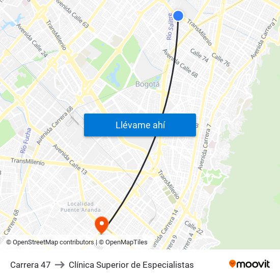 Carrera 47 to Clínica Superior de Especialistas map
