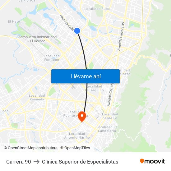Carrera 90 to Clínica Superior de Especialistas map