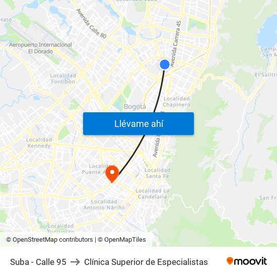 Suba - Calle 95 to Clínica Superior de Especialistas map