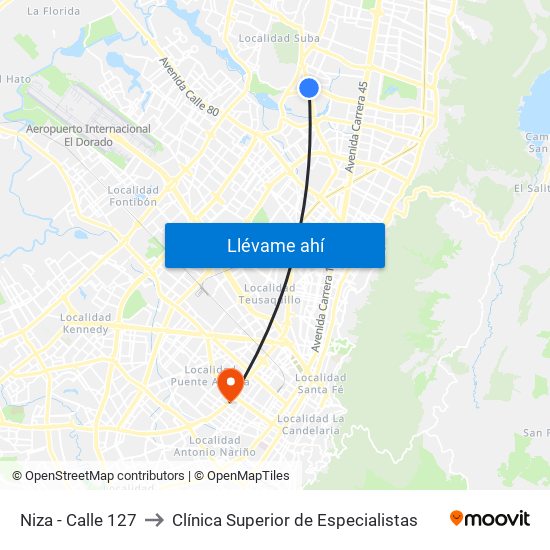 Niza - Calle 127 to Clínica Superior de Especialistas map