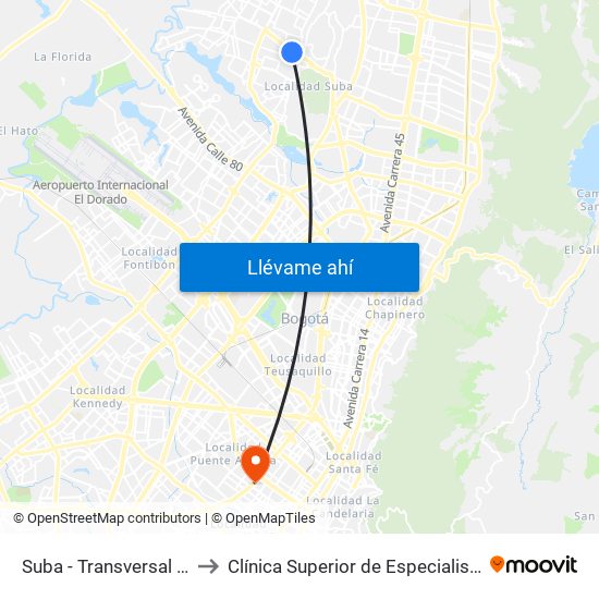 Suba - Transversal 91 to Clínica Superior de Especialistas map