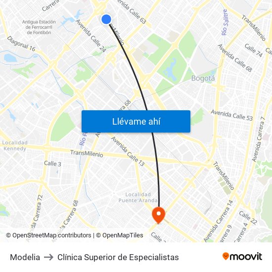 Modelia to Clínica Superior de Especialistas map