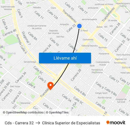 Cds - Carrera 32 to Clínica Superior de Especialistas map