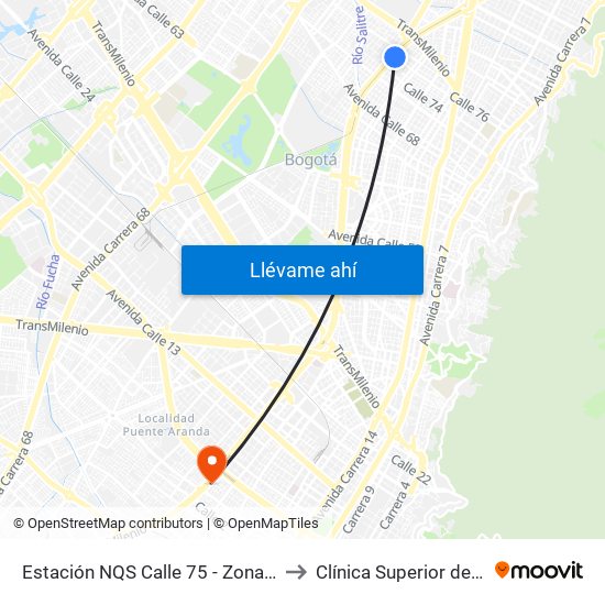 Estación NQS Calle 75 - Zona M (Av. NQS - Cl 75) to Clínica Superior de Especialistas map