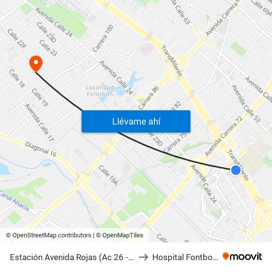 Estación Avenida Rojas (Ac 26 - Kr 69d Bis) (B) to Hospital Fontbon Cami 1 map