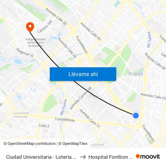 Ciudad Universitaria - Lotería De Bogotá to Hospital Fontbon Cami 1 map