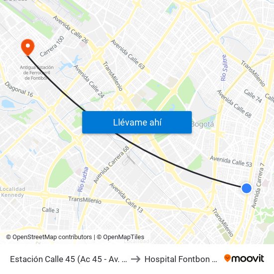 Estación Calle 45 (Ac 45 - Av. Caracas) to Hospital Fontbon Cami 1 map