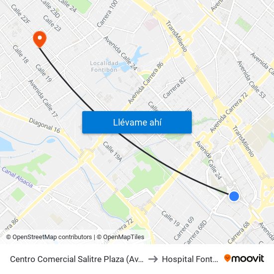 Centro Comercial Salitre Plaza (Av. La Esperanza - Kr 68b) to Hospital Fontbon Cami 1 map