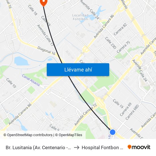 Br. Lusitania (Av. Centenario - Ak 68d) to Hospital Fontbon Cami 1 map