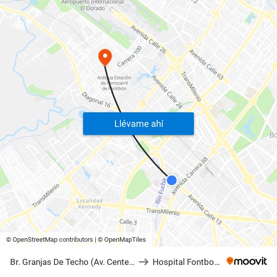 Br. Granjas De Techo (Av. Centenario - Kr 65) to Hospital Fontbon Cami 1 map