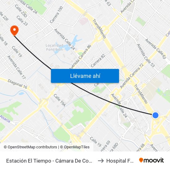 Estación El Tiempo - Cámara De Comercio De Bogotá (Ac 26 - Kr 68b Bis) to Hospital Fontbon Cami 1 map