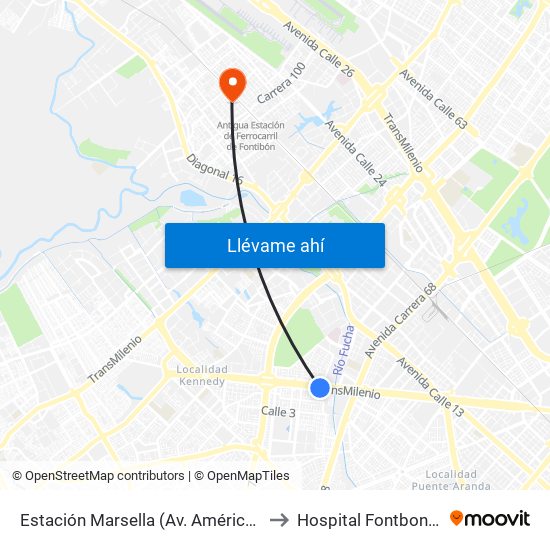 Estación Marsella (Av. Américas - Kr 69b) to Hospital Fontbon Cami 1 map