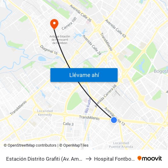 Estación Distrito Grafiti (Av. Américas - Kr 53a) to Hospital Fontbon Cami 1 map