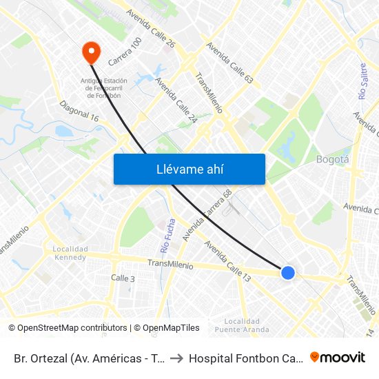 Br. Ortezal (Av. Américas - Tv 39) to Hospital Fontbon Cami 1 map
