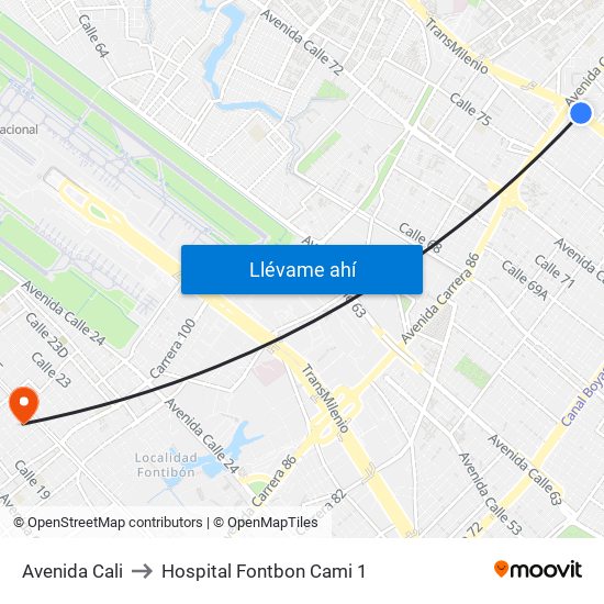 Avenida Cali to Hospital Fontbon Cami 1 map