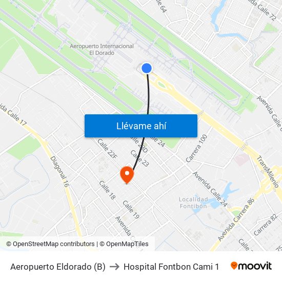 Aeropuerto Eldorado (B) to Hospital Fontbon Cami 1 map