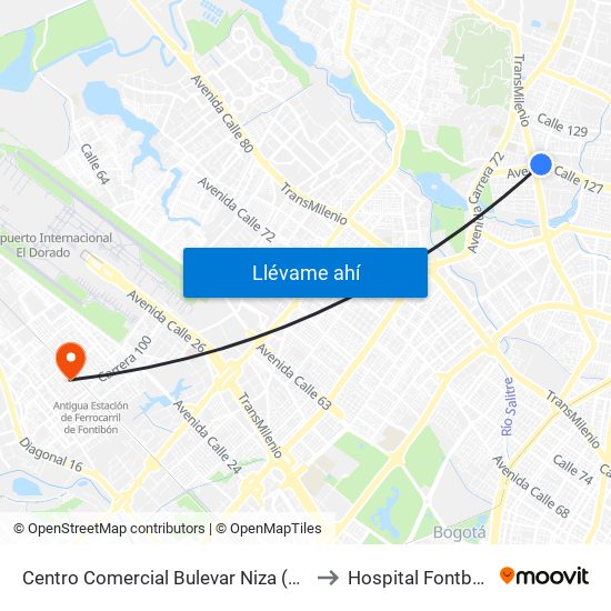 Centro Comercial Bulevar Niza (Ac 127 - Av. Suba) to Hospital Fontbon Cami 1 map