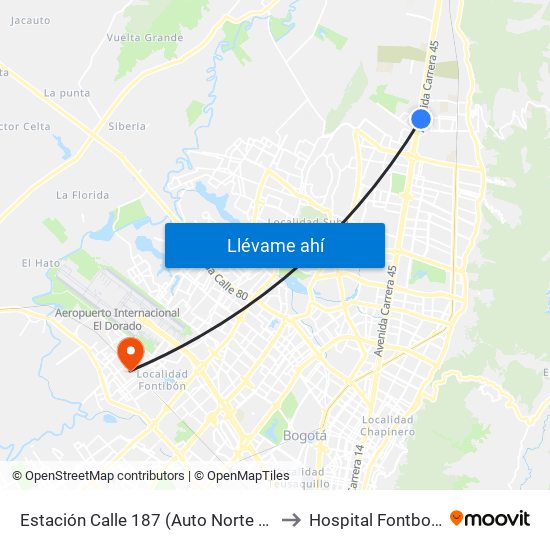 Estación Calle 187 (Auto Norte - Cl 187 Bis) (A) to Hospital Fontbon Cami 1 map