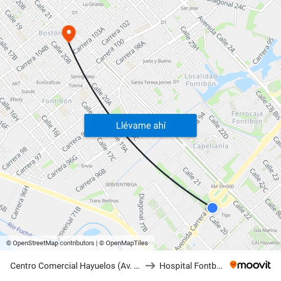 Centro Comercial Hayuelos (Av. C. De Cali - Cl 20) to Hospital Fontbon Cami 1 map