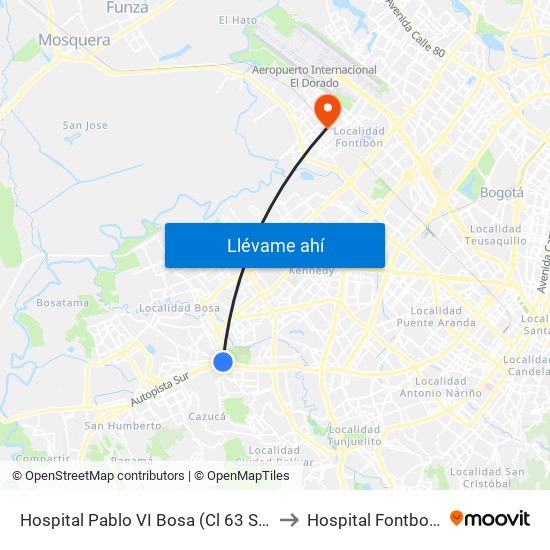 Hospital Pablo VI Bosa (Cl 63 Sur - Kr 77g) (A) to Hospital Fontbon Cami 1 map