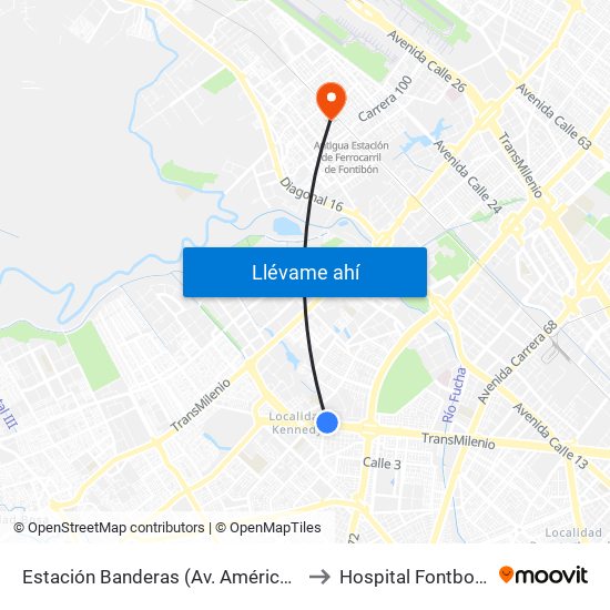 Estación Banderas (Av. Américas - Kr 78a) (A) to Hospital Fontbon Cami 1 map