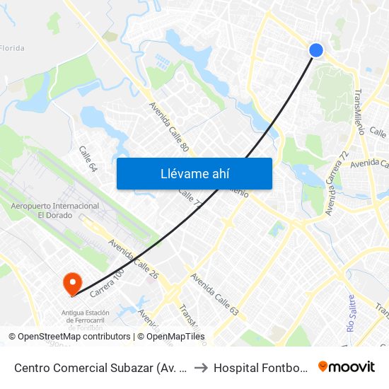 Centro Comercial Subazar (Av. Suba - Kr 91) to Hospital Fontbon Cami 1 map