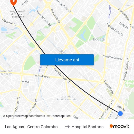 Las Aguas - Centro Colombo Americano to Hospital Fontbon Cami 1 map