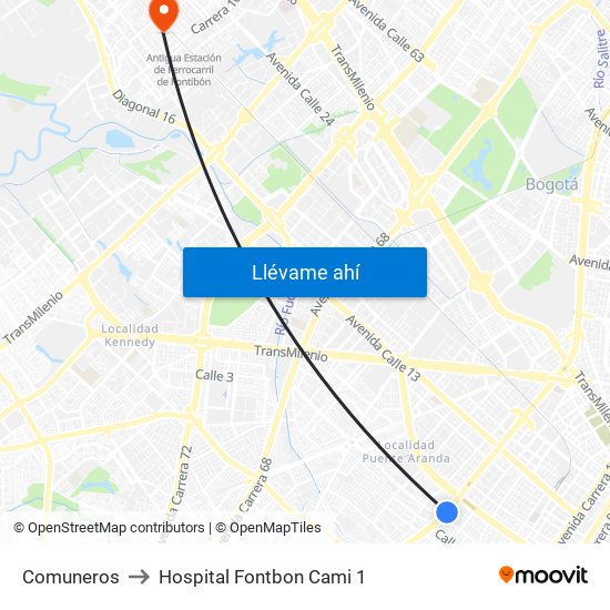 Comuneros to Hospital Fontbon Cami 1 map
