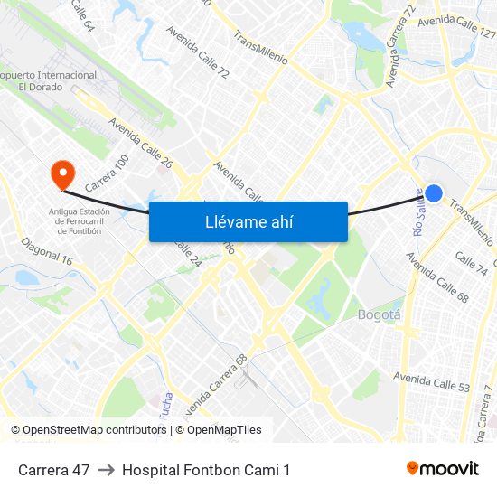 Carrera 47 to Hospital Fontbon Cami 1 map