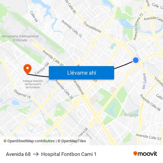 Avenida 68 to Hospital Fontbon Cami 1 map