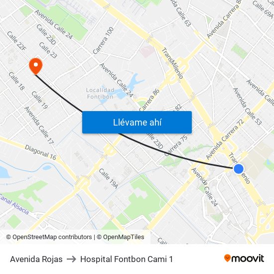 Avenida Rojas to Hospital Fontbon Cami 1 map