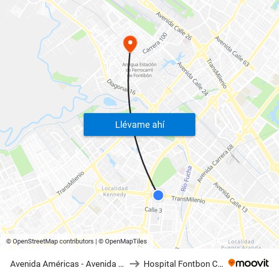 Avenida Américas - Avenida Boyacá to Hospital Fontbon Cami 1 map