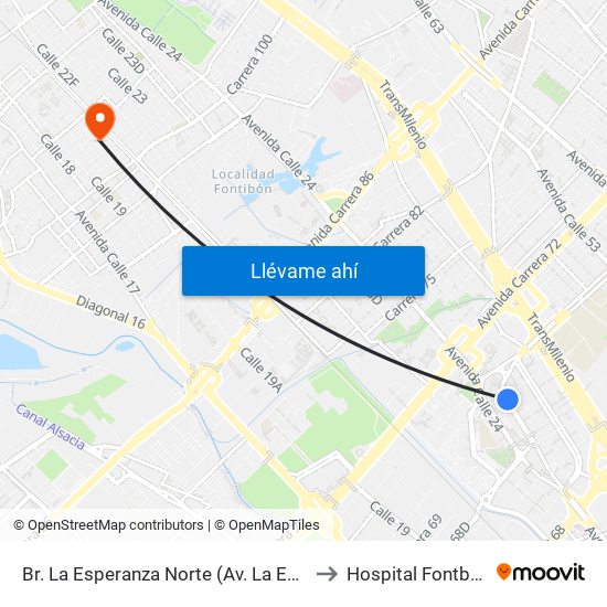 Br. La Esperanza Norte (Av. La Esperanza - Kr 69d) to Hospital Fontbon Cami 1 map
