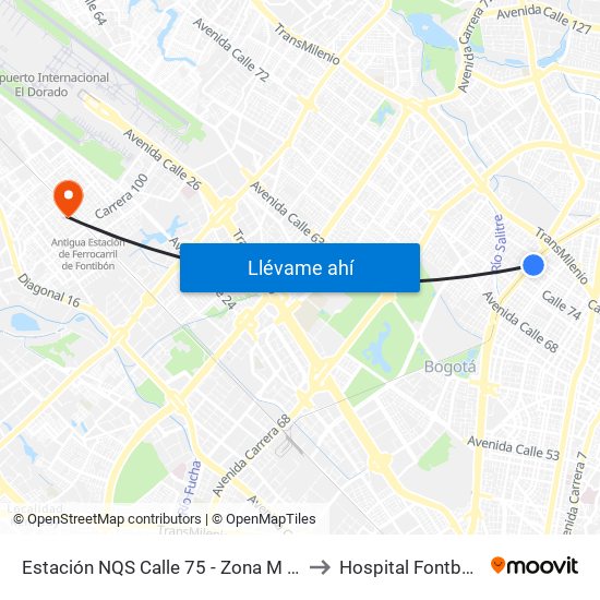 Estación NQS Calle 75 - Zona M (Av. NQS - Cl 75) to Hospital Fontbon Cami 1 map