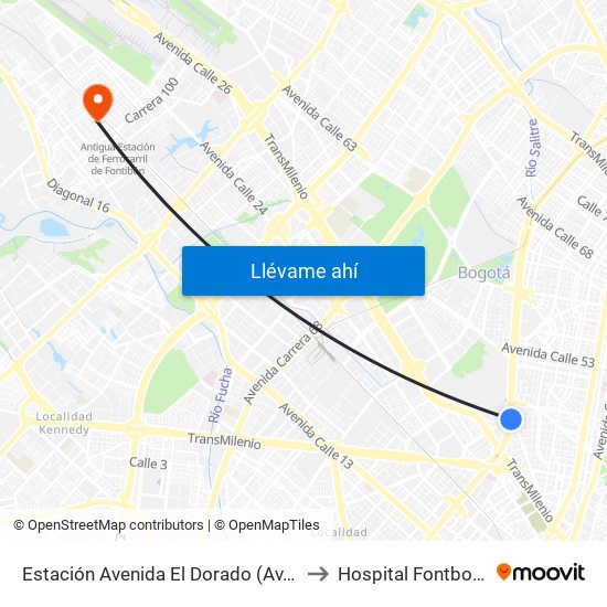 Estación Avenida El Dorado (Av. NQS - Cl 40a) to Hospital Fontbon Cami 1 map