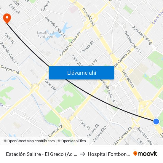 Estación Salitre - El Greco (Ac 26 - Ak 68) to Hospital Fontbon Cami 1 map