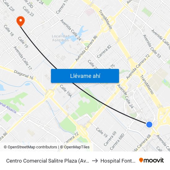 Centro Comercial Salitre Plaza (Av. La Esperanza - Kr 68a) to Hospital Fontbon Cami 1 map