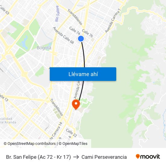 Br. San Felipe (Ac 72 - Kr 17) to Cami Perseverancia map