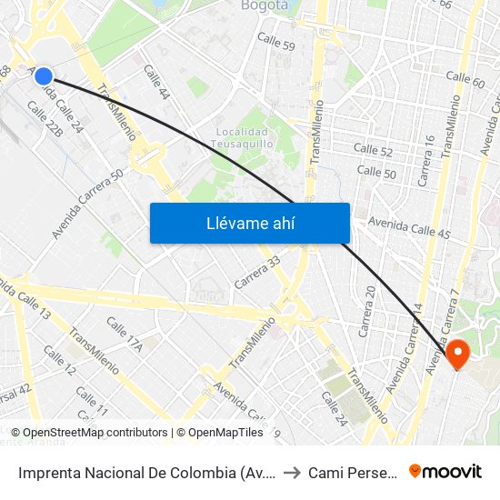 Imprenta Nacional De Colombia (Av. Esperanza - Kr 66) to Cami Perseverancia map