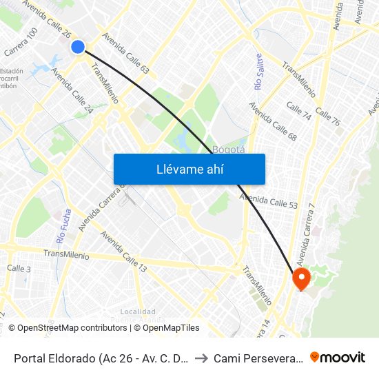 Portal Eldorado (Ac 26 - Av. C. De Cali) to Cami Perseverancia map